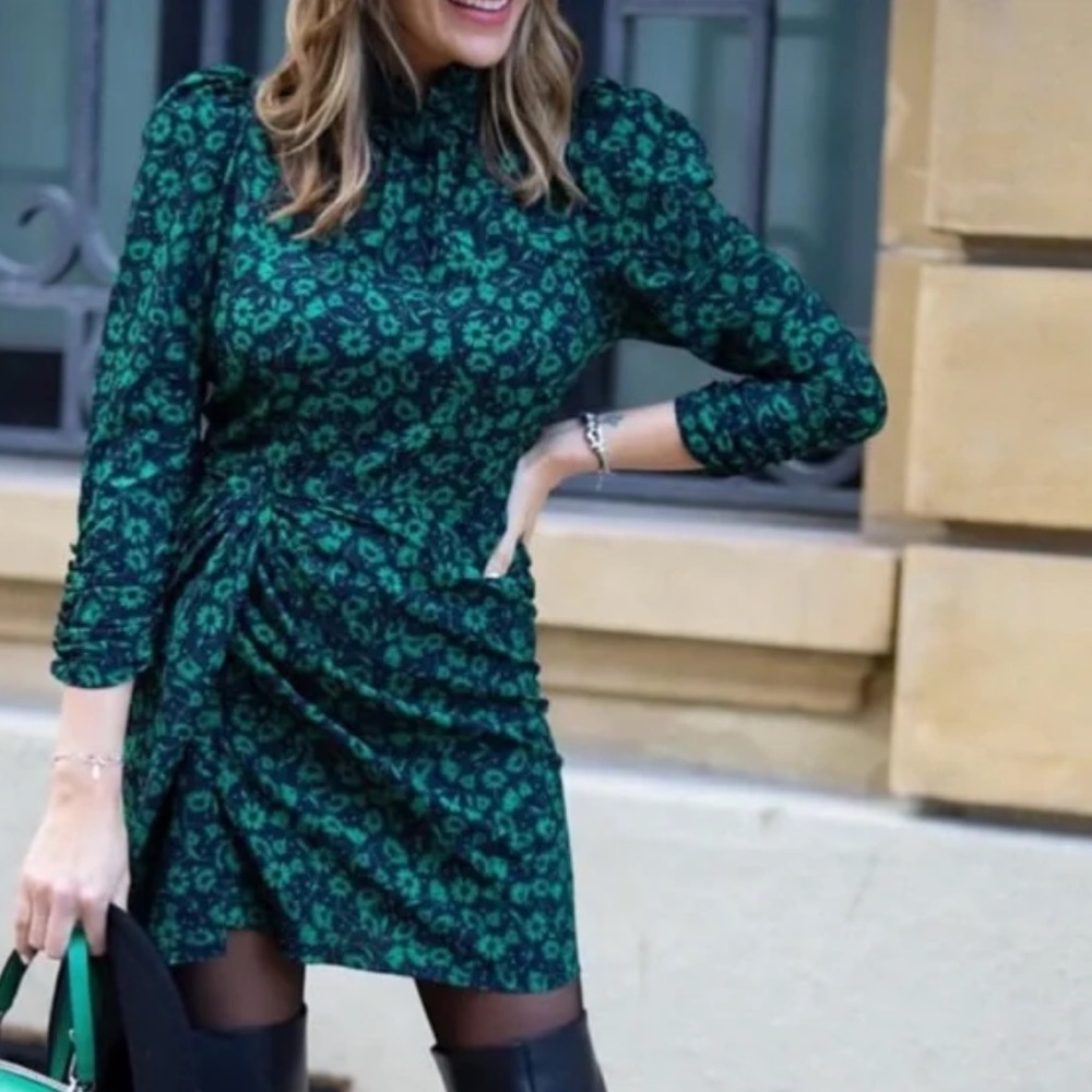 Zara Draped Short Dress High Collar Ruched Black Green Floral